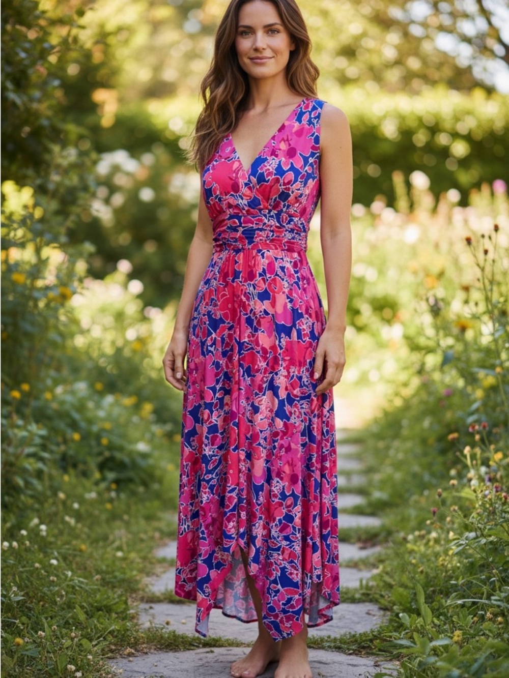 Vibrant Pink & Blue Purple Floral V-Neck Midi Dress